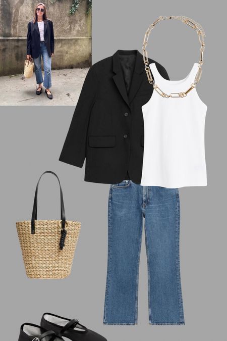 The most classic outfit combo.
Arket blazer of dreams with the cropped flare Fern jeans, mesh ballerinas and a straw basket