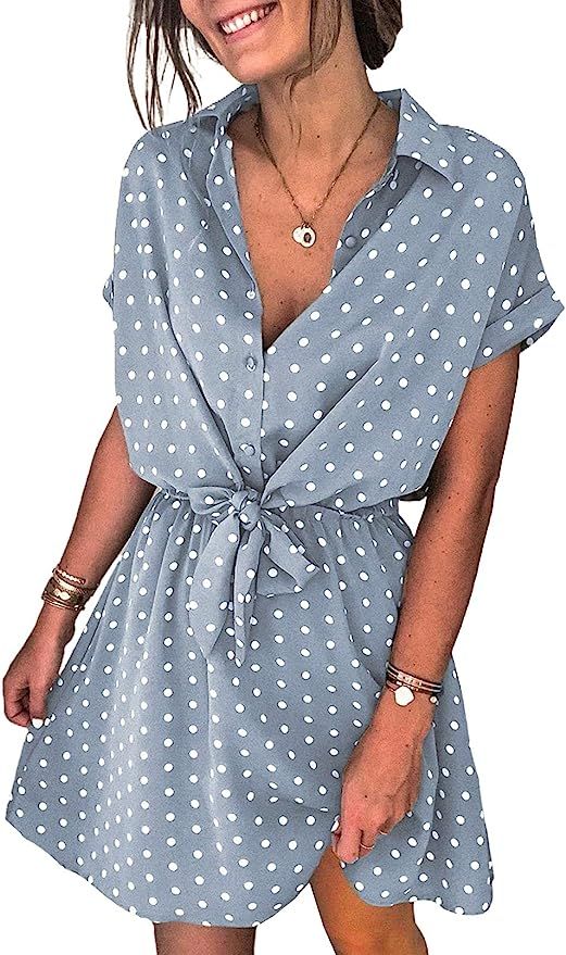 Sidefeel Womens V Neck Button Down Polka Dot Printed Short Sleeve Mini Dresses | Amazon (US)