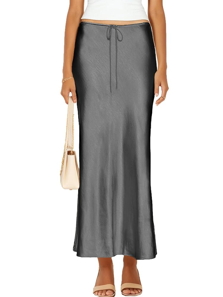 Womens Satin Silk Maxi Skirts Drawstring Flared Casual A-Line Long Skirt for Women | Amazon (US)