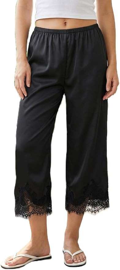 Women Satin Silk Lace Trim Pants Elastic Waist Y2k Wide Leg Lounge Pajama Bottoms Causal Going Ou... | Amazon (US)