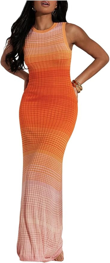 WDIRARA Women's Ombre Sleeveless Bodycon Dress Crew Neck Knit Long Tank Dress | Amazon (US)
