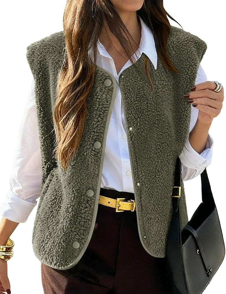 KIRUNDO Women's Fall Winter Fleece Vest 2025 Trendy Sleeveless Sherpa Jacket Button Down Open Fro... | Amazon (US)