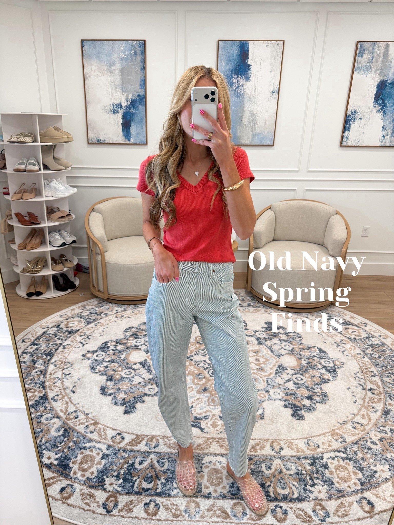 Old Navy finds that are so good right now and this coral v-neck tee and light wash barrel jeans combination is the easiest spring outfit 🤍✨ The fitted coral v-neck, the relaxed barrel leg silhouette in the softest light wash, the way the two pieces balance each other so perfectly — effortless and classic and so wearable every single day. Blush woven mule flats to finish and this whole look just came together. Everything is linked! 

#LTKSeasonal #LTKootd #LTKTall