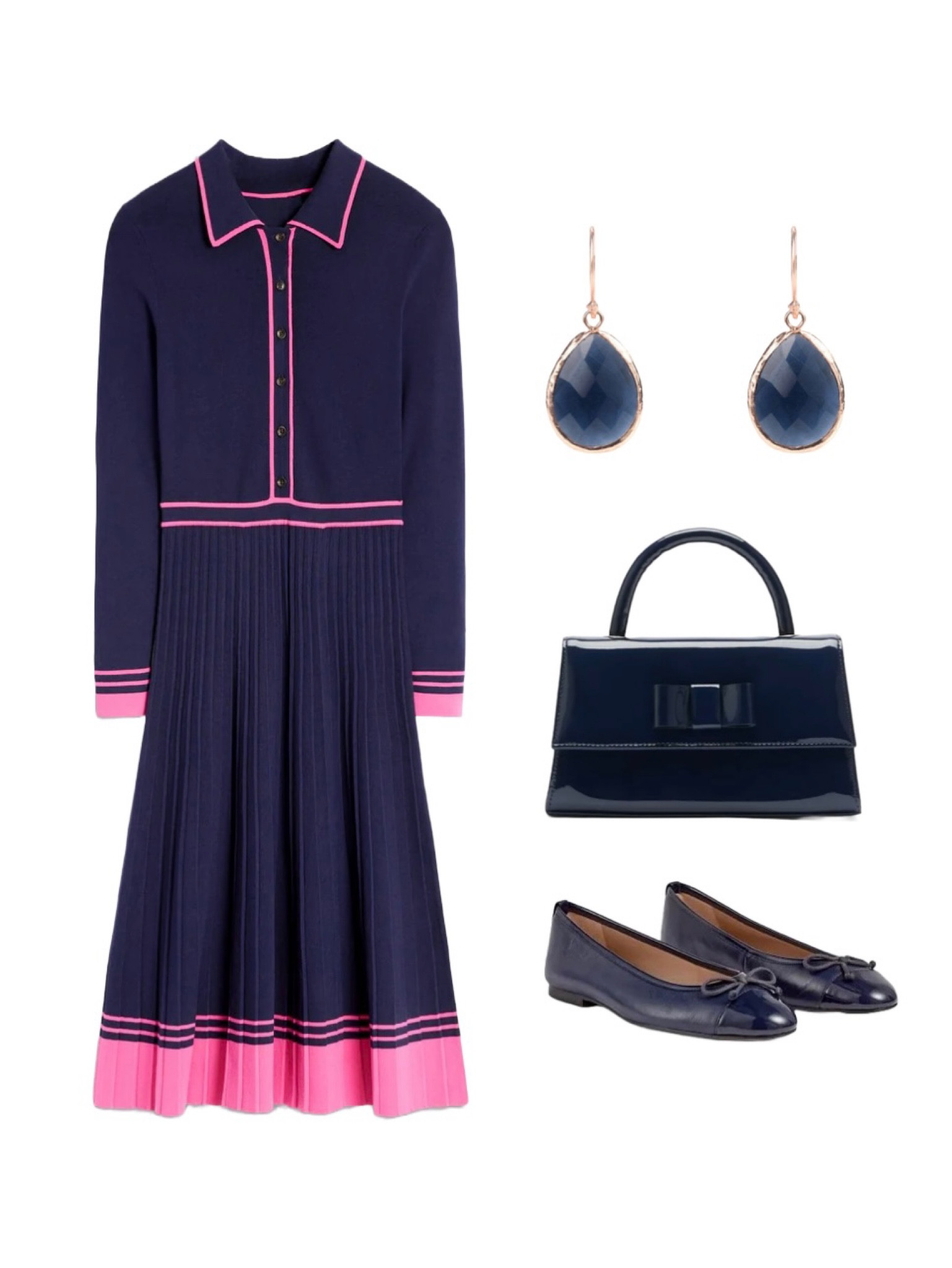 Classy and fun, this brand new SS24 season Collared navy, pink tipped Knitted Midi dress by Boden is adorable! Partner with Petite Drop Earrings in Sapphire Hydro Gold by Latelita , the Russell and Bromley ‘Bowtie’ navy patent leather top handle bag ON SALE and the Navy leather Kara Ballerina flats by LK Bennett - use my promo code REBECCALIPKINAUTHOR15 for 15% all full price styles at LK Bennett 

#LTKuk #LTKsale #LTKeurope