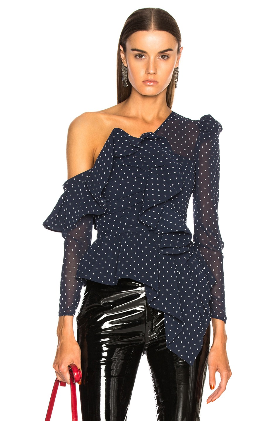 self-portrait Plumetis Frill Top in Navy | FWRD 