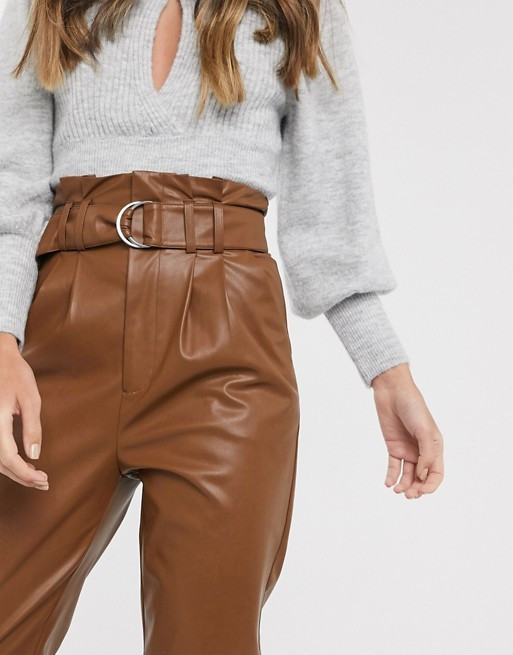 Stradivarius faux leather paperbag pants in camel | ASOS US