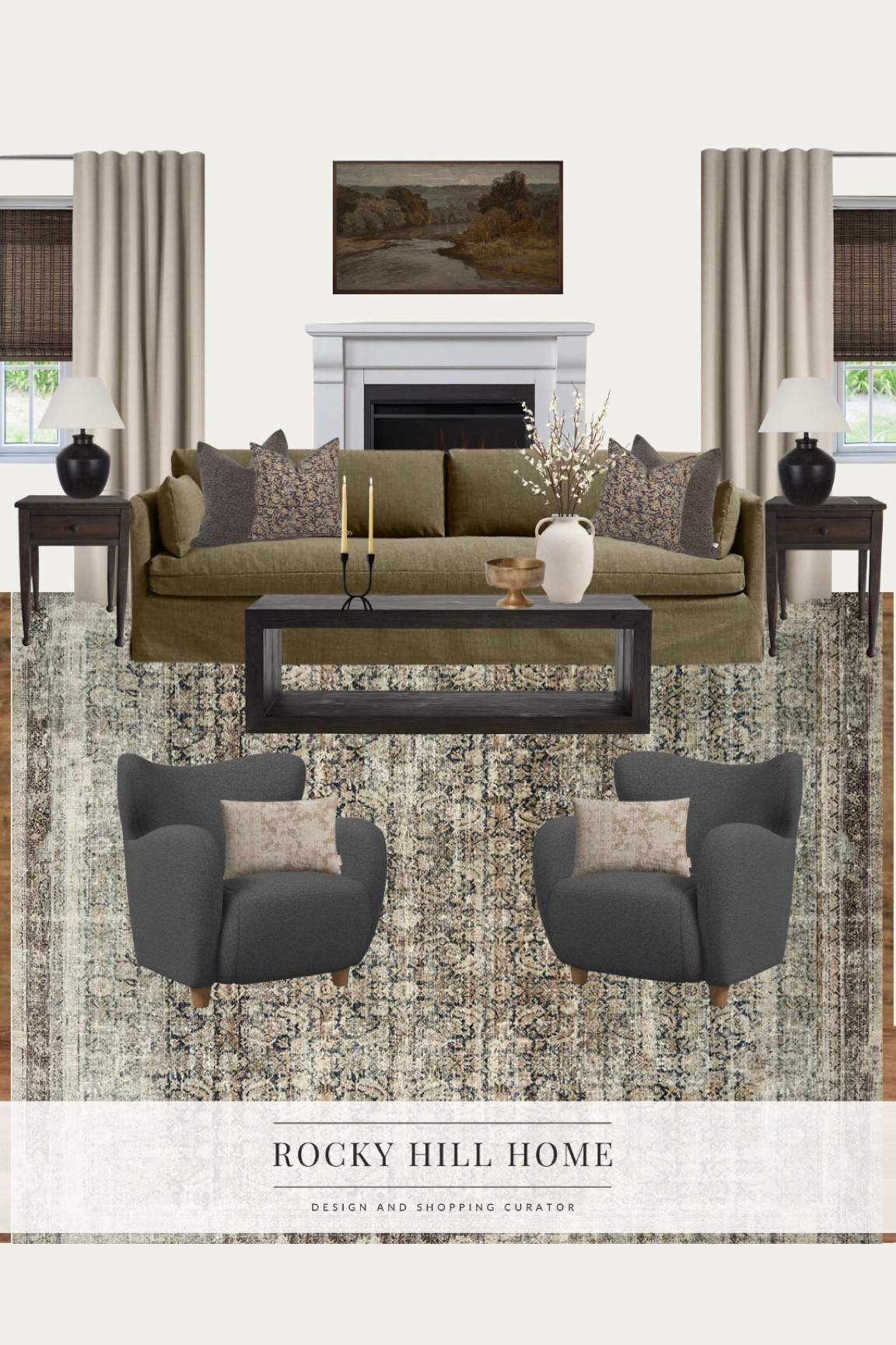 Living room moodboard with a new slipcovered crate and barrel sofa, west elm wingback chairs, pottery barn coffee table, loloi amber lewis navy sand rug, amber interiors dupe

#LTKhome #LTKstyletip