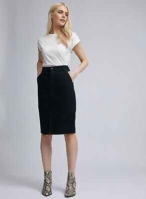 Dorothy Perkins Womens Black Cotton Denim Midi Skirt Front Button Pockets | eBay UK