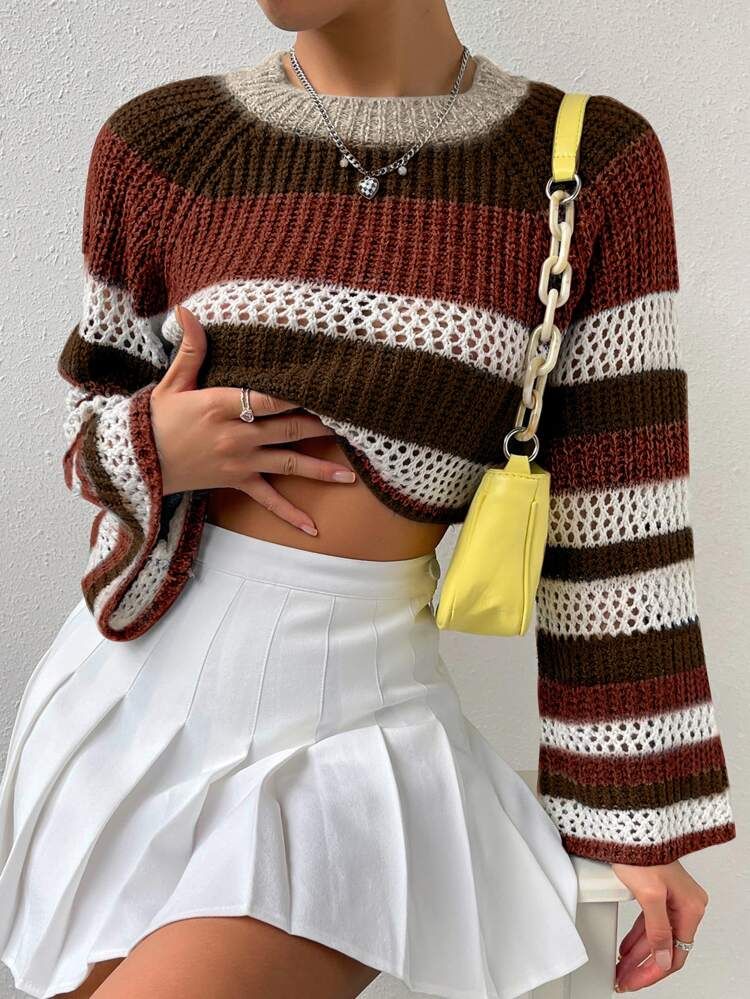 Colorblock Raglan Sleeve Pointelle Knit Crop Sweater | SHEIN