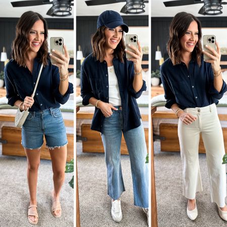 Spring Capsule Wardrobe (Navy Gauze Button Up Styling) 

Navy button up (small) 
Shorts (size 26) 
White tank (small) 
Light wash jeans (26 long) 
Ivory jeans (size up one or two sizes. I’m in a size 4) 


#LTKfindsunder100 #LTKfindsunder50 #LTKstyletip