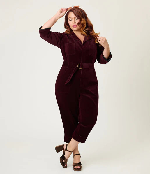 Unique Vintage Plus Size Burgundy Corduroy Trixie Jumpsuit | UniqueVintage