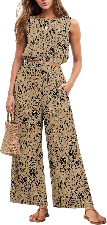 GRECERELLE Two Piece Sets for Women Sleeveless Crop Top Wide Leg Pants Sweat Set for Women Tracks... | Amazon (US)