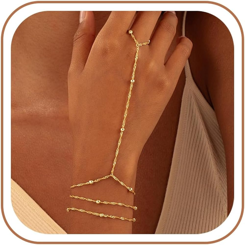 CHESKY 14K Gold Plated Hand Chain Bracelets for Women Set - Dainty Finger Ring Bracelet Stack Adj... | Amazon (US)