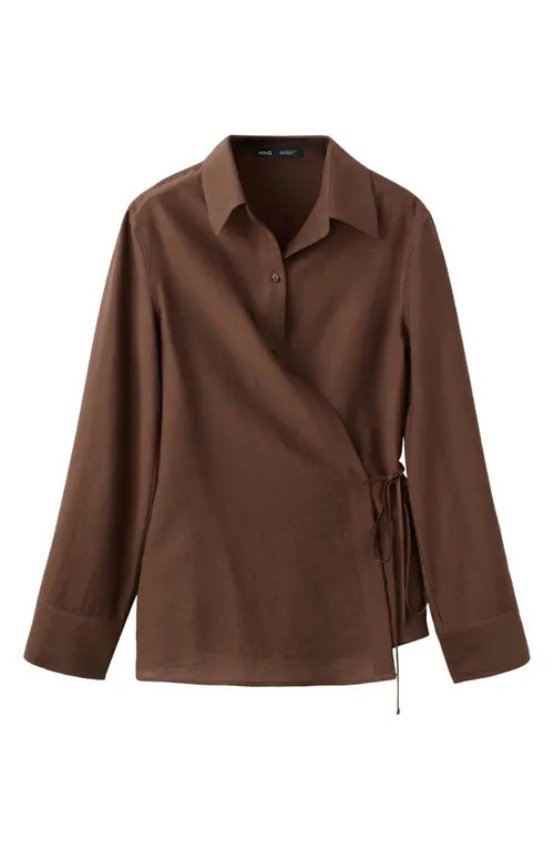 MANGO Long Sleeve Wrap Shirt in Brown at Nordstrom, Size 6 | Nordstrom
