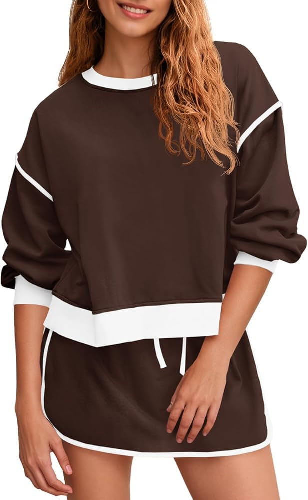 Fisoew Womens Sweatsuits 2 Piece Set Crewneck Sweatshirts High Waisted Skort Skirts Tennis Runnin... | Amazon (US)