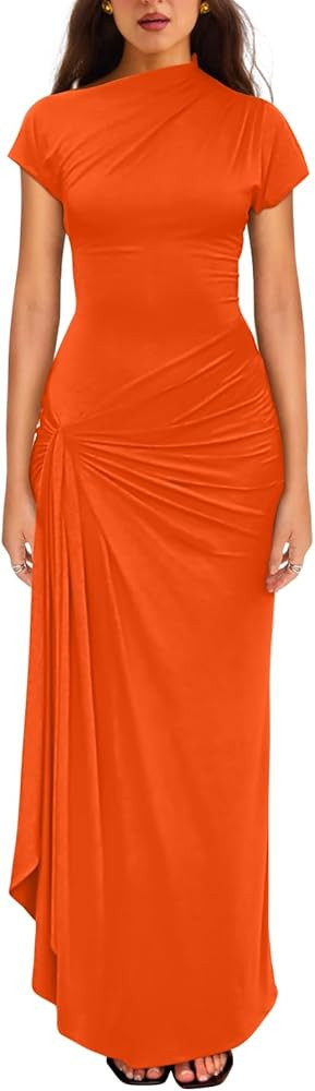 YMDUCH Women's Casual Short Sleeve Boat Neck Ruched High Split Bodycon Long Party Dress | Amazon (US)