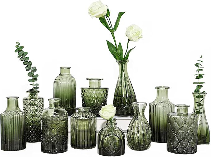 12pcs Green Glass Bud Vases Set, Small Vases for Flowers, Bud Vase for Centerpieces in Bulk, Mini... | Amazon (US)