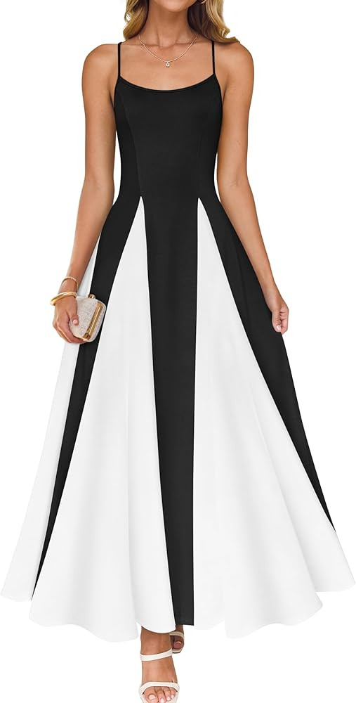 ZESICA Women's Spaghetti Strap Maxi Dress 2025 Summer Sleeveless Color Block A Line Flowy Party D... | Amazon (US)