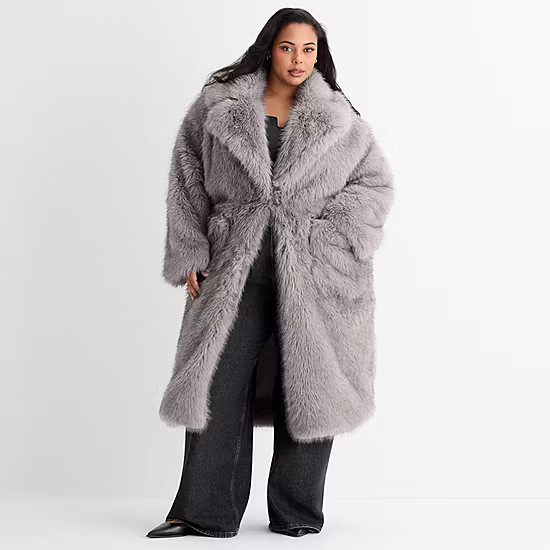Ashley Graham Womens Plus Faux Fur Coat, Color: Gray - JCPenney | JCPenney