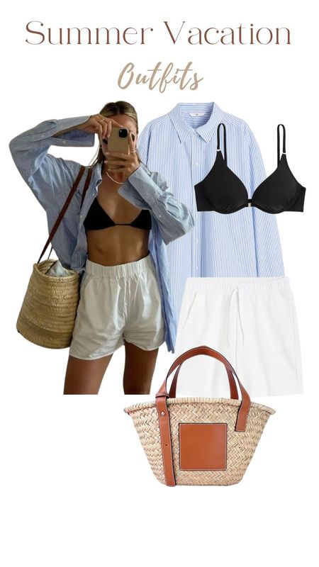Summer vacation outfit, blue striped shirt, black bra top,, white shorts, straw bag, sum.er outfits 

#LTKStyleTip #LTKFindsUnder50 #LTKTravel