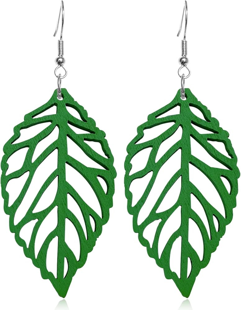 Handmade Bohemian Natural Wooden Leaf Dangle Drop Earrings Lightweight Vintage Hollow Feather Hoo... | Amazon (US)
