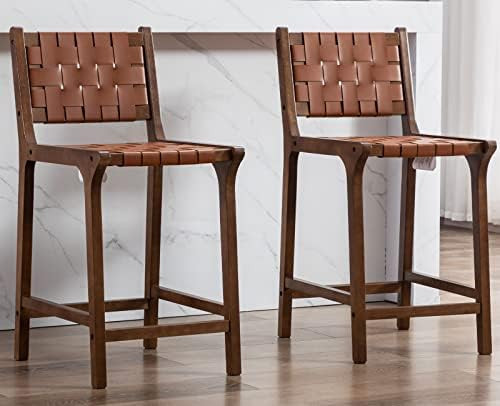 Kmax Counter Height Bar Stools 23.5 Inch Farmhouse Bar Stools Faux Leather Woven Straps with Wood... | Amazon (US)