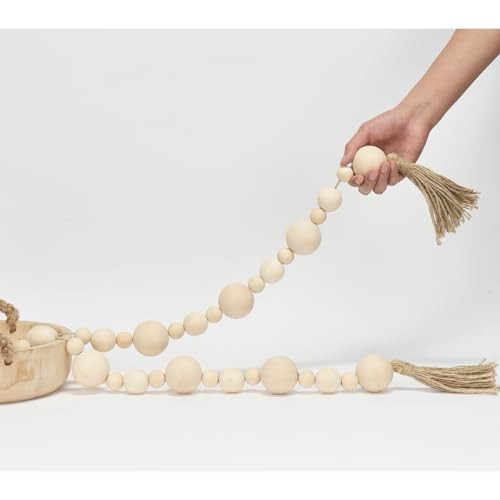 2" Extra Large Wood Bead Garland with Tassels, 75" Long Rustic Farmhouse Wooden Beads Garland, Decorative Beads Boho Decorations for Home Table Mantle Natural Beige | Amazon (US)