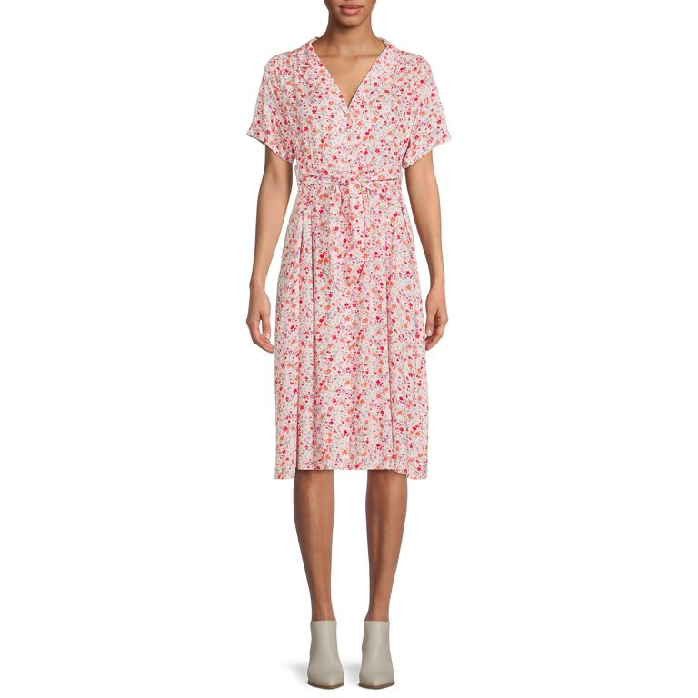 Time and Tru Women's Short Sleeve Woven Shirt Dress with Tie Front | Walmart (US)
