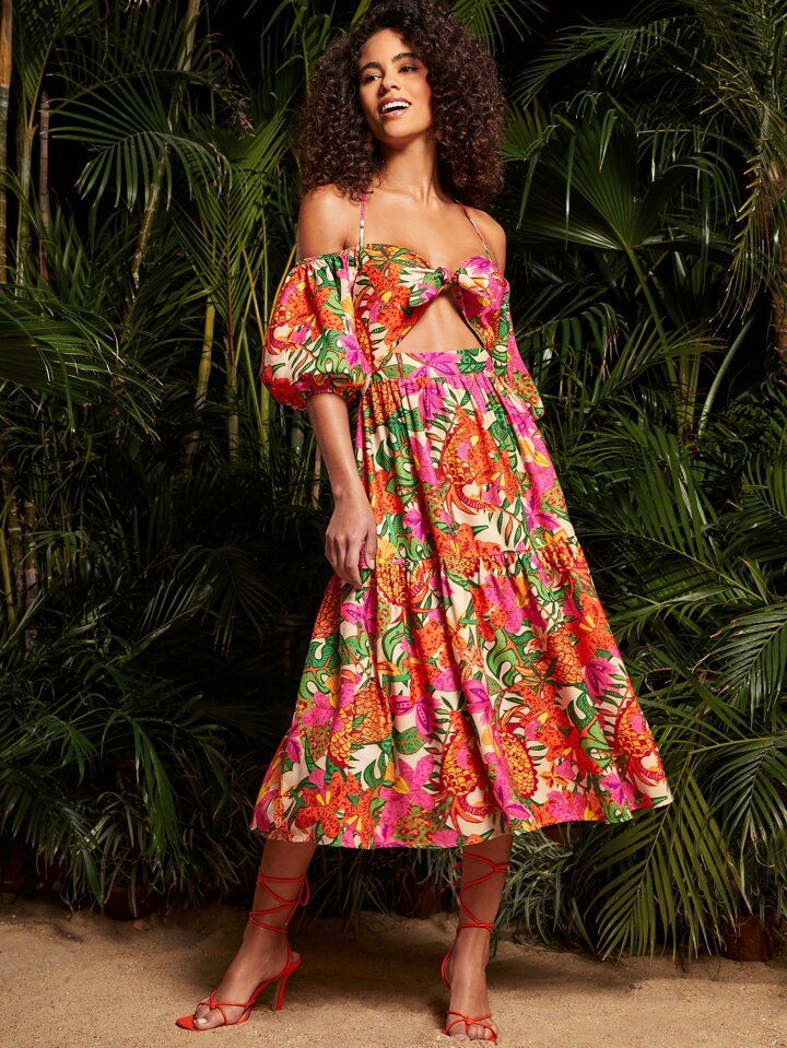 SHEINNeu Tropical Print Cut Out Off Shoulder Halter Dress | SHEIN