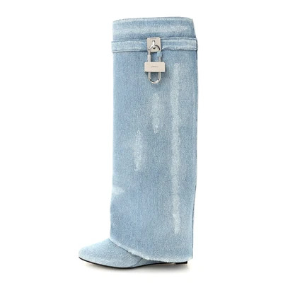 Washed Denim Shark Lock Pant Boots 37 Blue | FASHIONPHILE (US)
