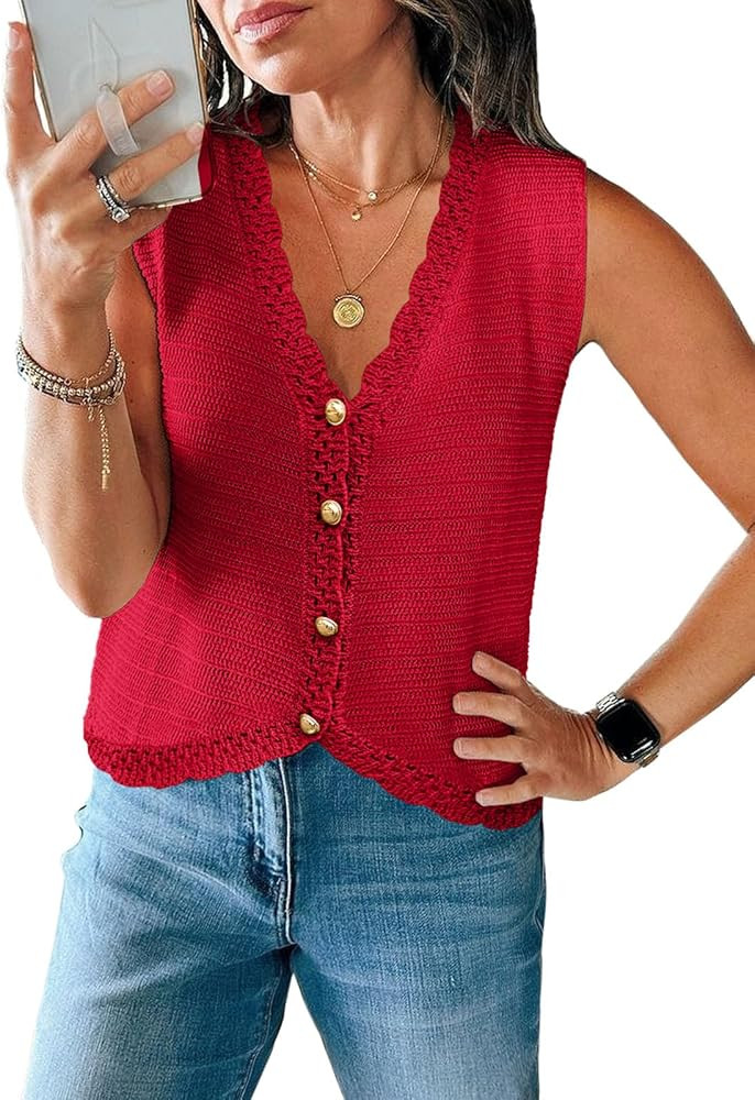 Saodimallsu Womens Sleeveless V Neck Sweater Vest Cropped Button Down Crochet Casual Loose Knit S... | Amazon (US)
