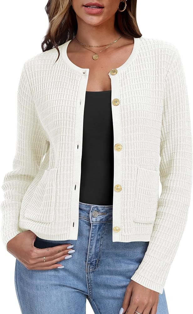 ANRABESS Women Casual Dressy Classic Cardigan Sweater 2024 Fall Long Sleeve Crew Neck Button Down... | Amazon (US)