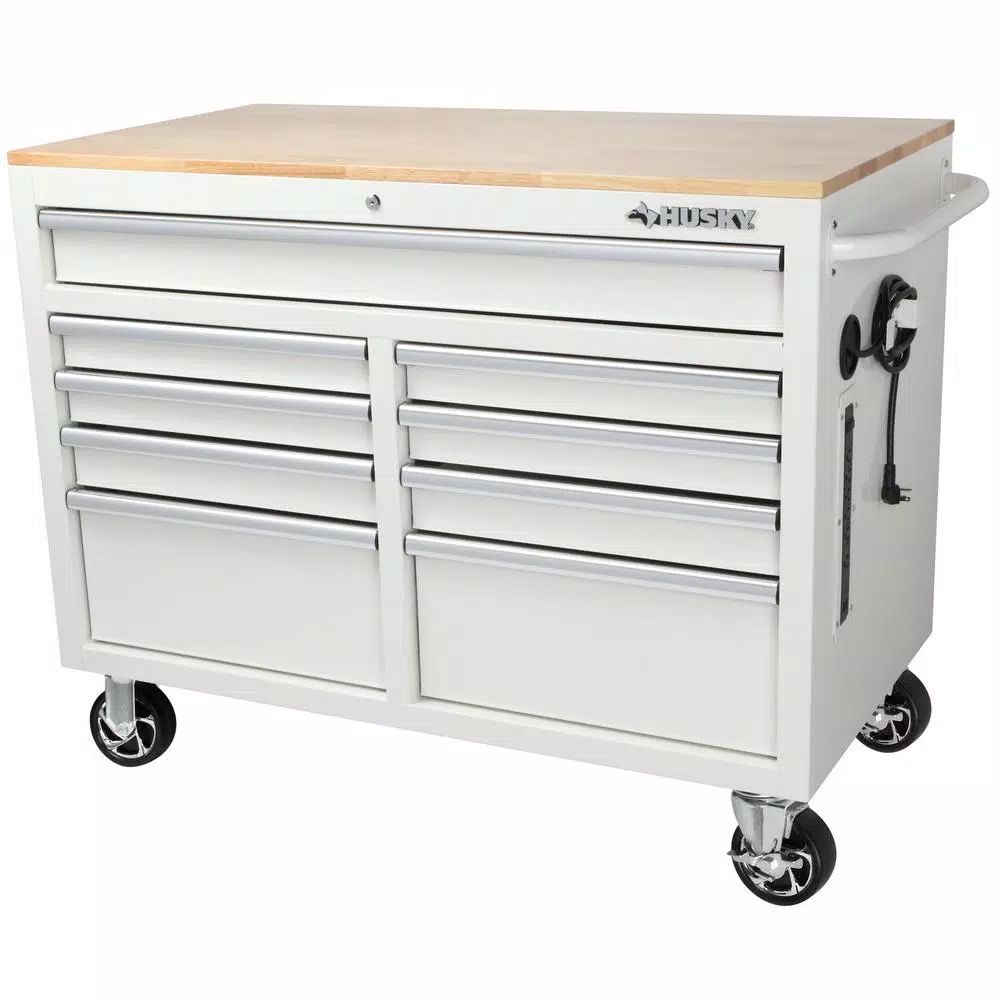 Husky 46 in. W x 24.5 in. D 9-Drawer Gloss White Deep Tool Chest Mobile Workbench with Hardwood T... | The Home Depot