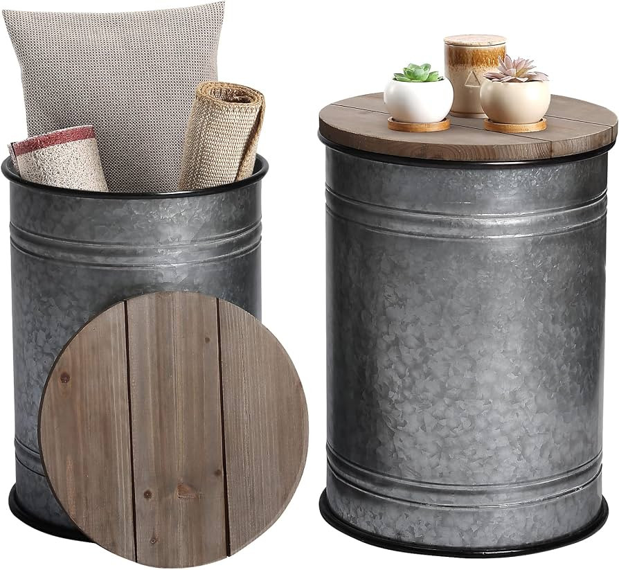 RUSTOWN Farmhouse Accent Side Table, Set of 2 Galvanized Storage Ottoman     Antique Metal Bin wi... | Amazon (US)