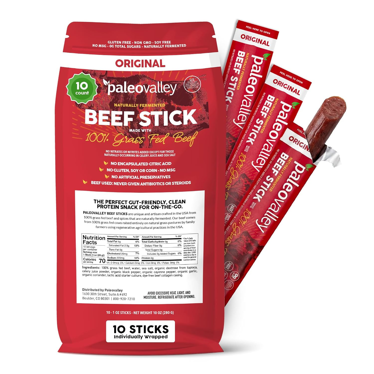 Paleovalley 100% Grass Fed Beef Sticks, Protein Snacks, Original | Amazon (US)