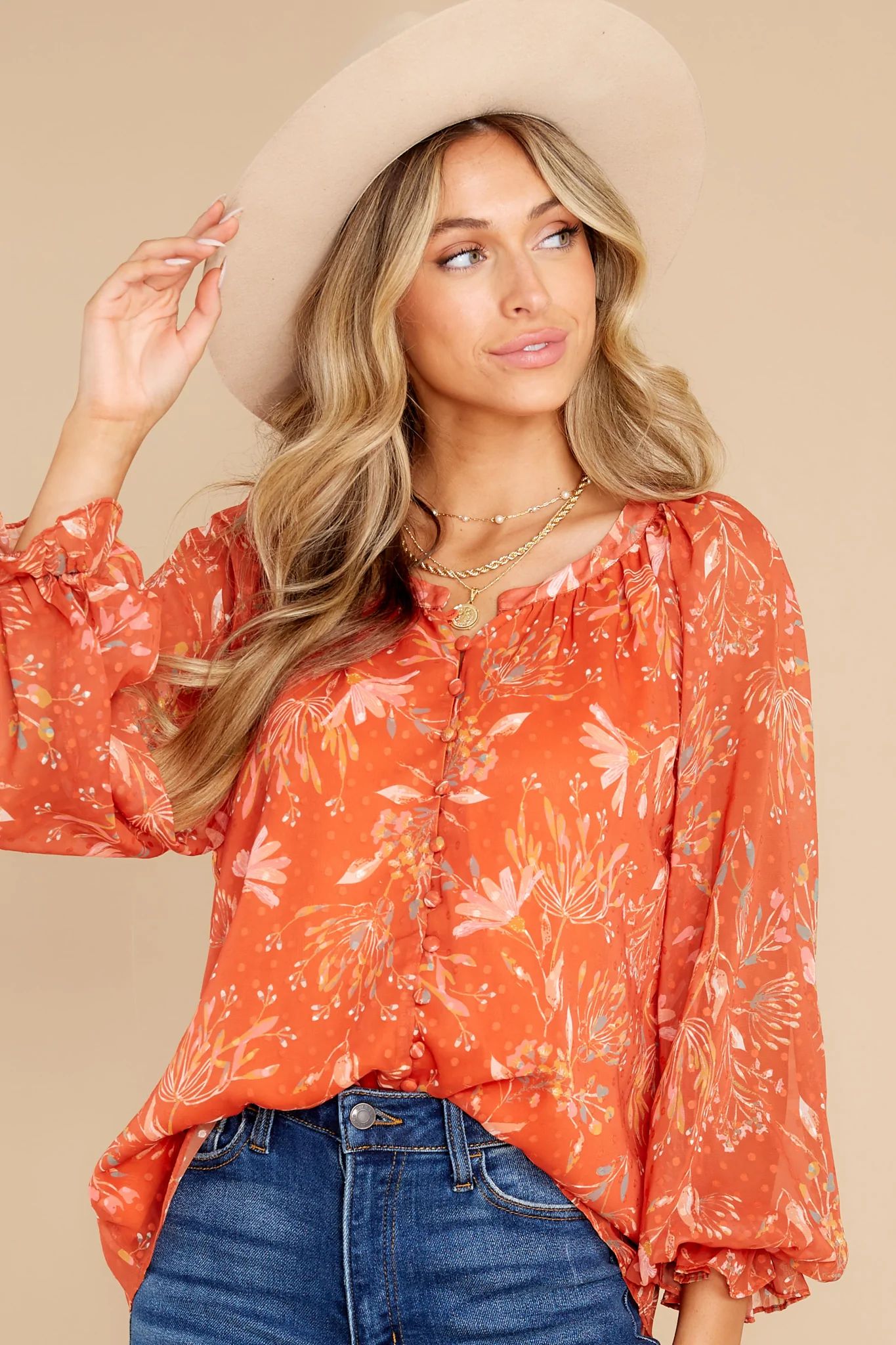 Cheer Me On Rust Floral Print Top | Red Dress 