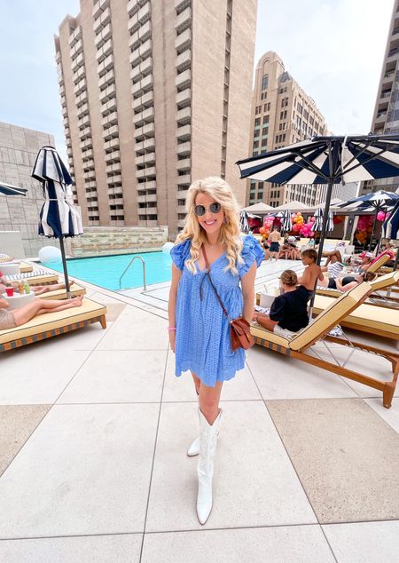 Blue lace romper 
Blue vacation outfit 
Country concert outfit 
Code KIM15 for a discount 
Cowboy boots 
Sunglasses on sale code mdw23 for 30%off
Brown crossbody 
Pink lipstick 
4th of July outfit 
Casual summer outfit 


#LTKshoecrush #LTKitbag #LTKsalealert