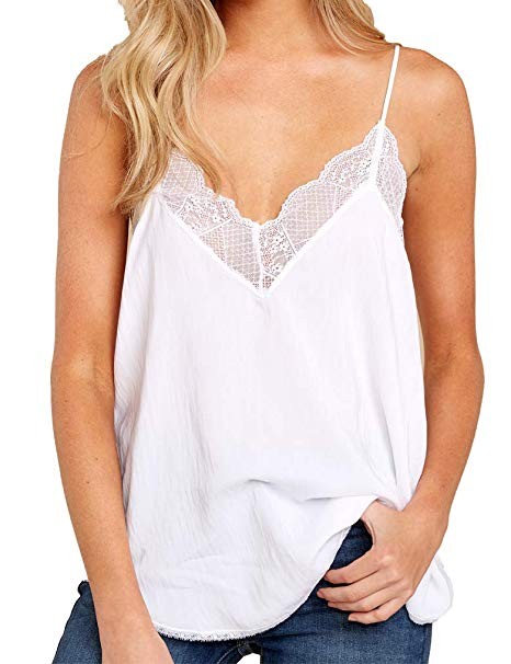 Summer Chiffon Tank Tops for Womens Lace Cami V Neck Spaghetti Strap Sexy Camis Sleeveless T-Shir... | Amazon (US)