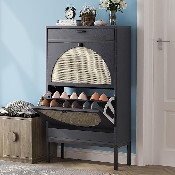 Brafab Shoe Cabinet, Shoe Rack Storage Organizer with 2 Flip Drawers, Natural Rattan Weave Shoe S... | Amazon (US)