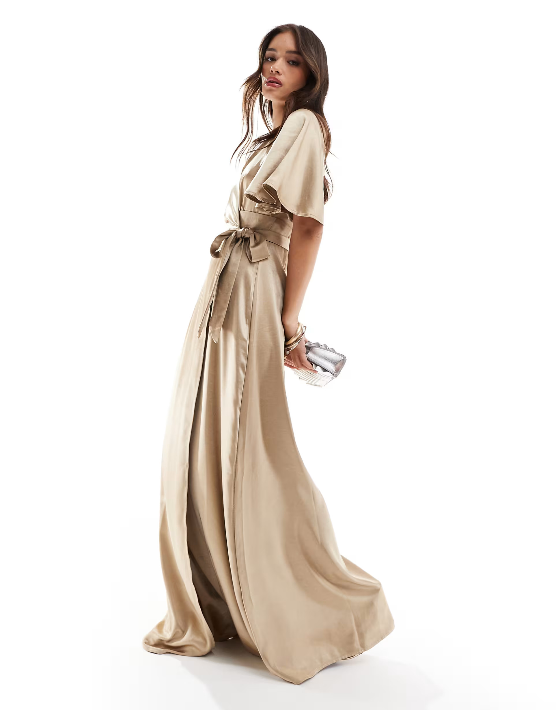 Six Stories Bridesmaid satin angel sleeve maxi dress in champagne co-ord | ASOS | ASOS (Global)