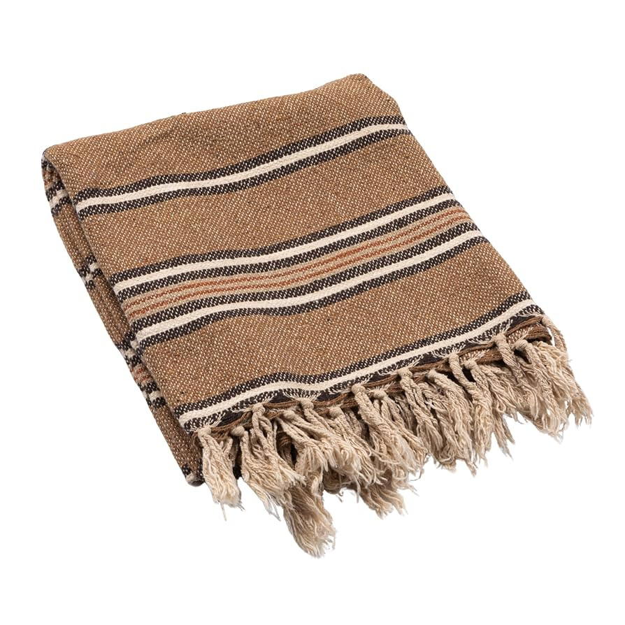 Creative Co-Op Cotton Blend Throw with Stripes and Fringe, Rust Color, Natural and Black | Amazon (US)