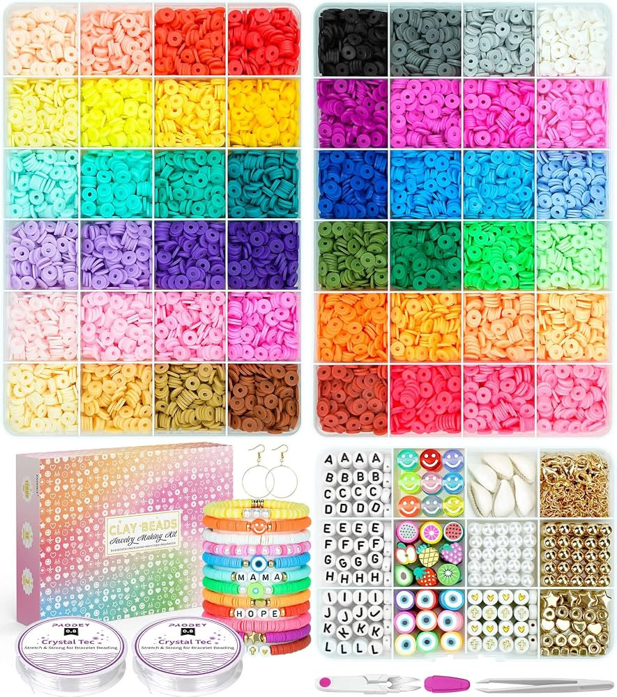 12000 Pcs Clay Beads for Bracelet Making, Paodey 48 Colors 3 Boxes Polymer Spacer Beads , Jewelry... | Amazon (US)