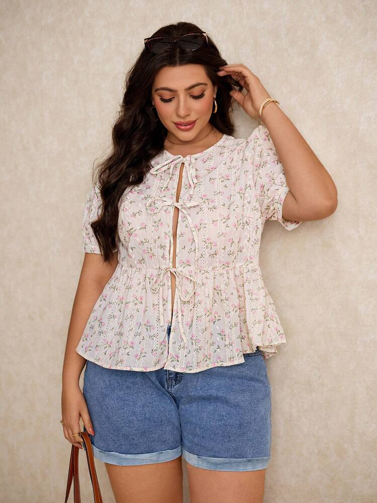 Womens Plus Size Boho Tie Front Top  | SHEIN