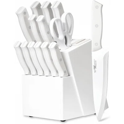 15 Piece Kitchen Knife Set With Block And Built-In Sharpener Dishwasher Safe Anti-Slip Handle, White | Wayfair North America
