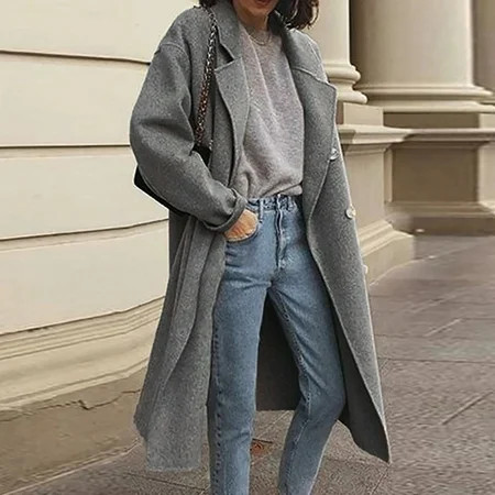 Fiudx Women Casual Long Sleeve Loose Fashion Solid Woolen Double Breasted Coat Women s Trench Coat D | Walmart (US)