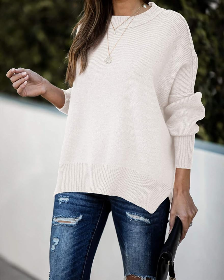 SERAIH Womens Batwing Sleeve Pullover Loose Side Split Oversized Solid Sweaters Drop Shoulder Slouch | Amazon (US)
