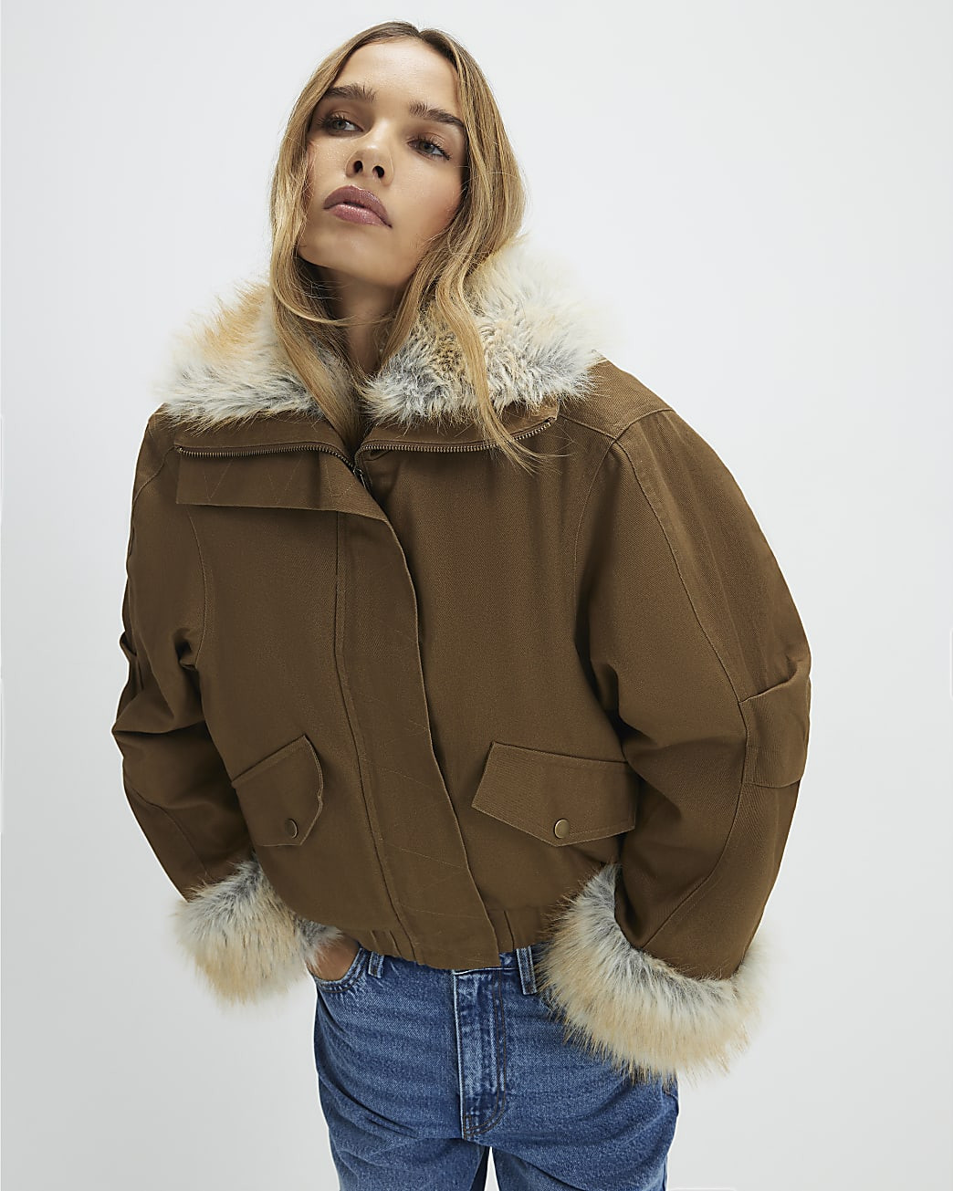 Khaki Faux Fur Trim Short Parka Jacket | River Island UK & IE