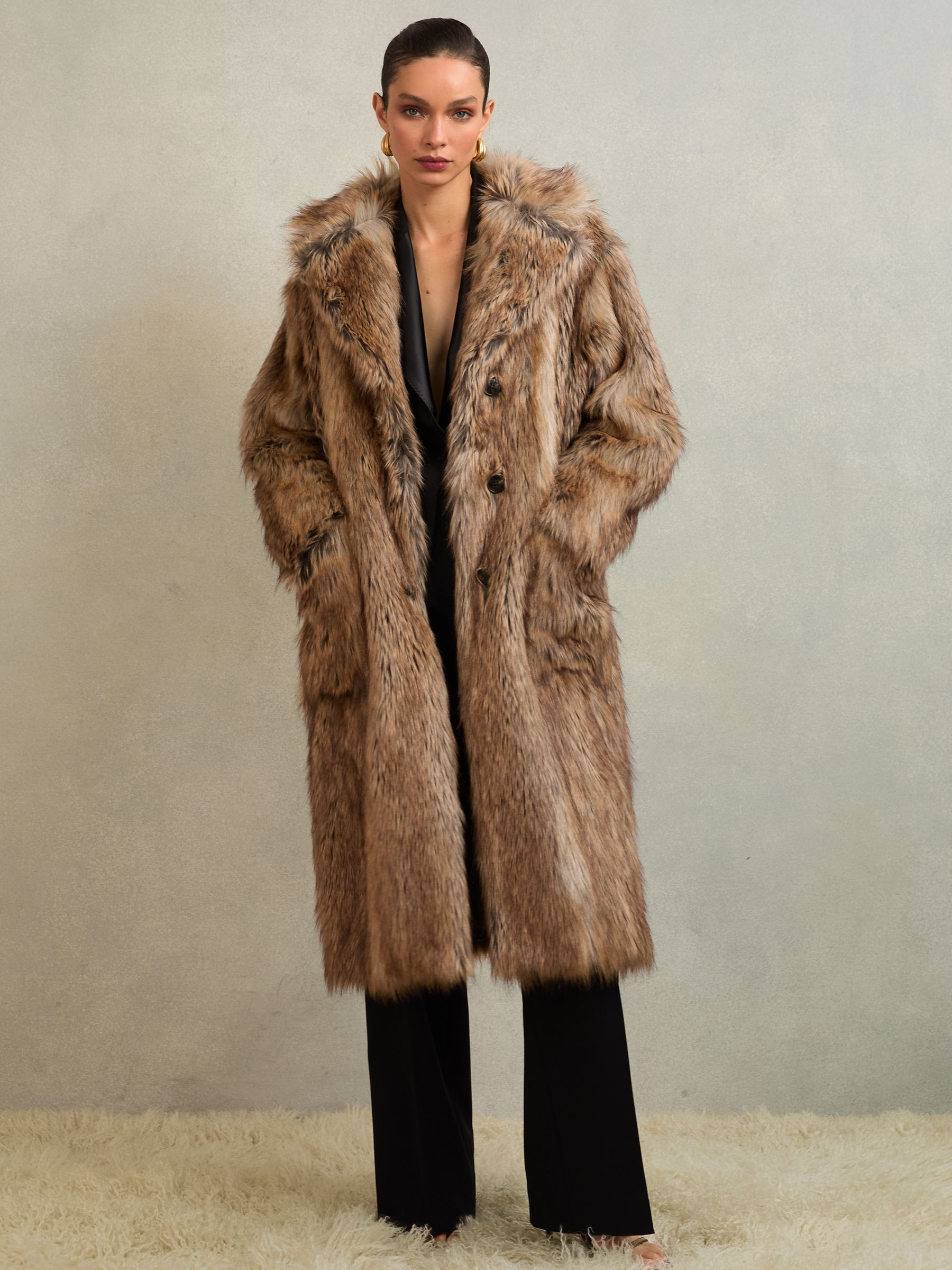 Reiss Atelier Faux-Fur Long Coat in Neutral - REISS | Reiss UK