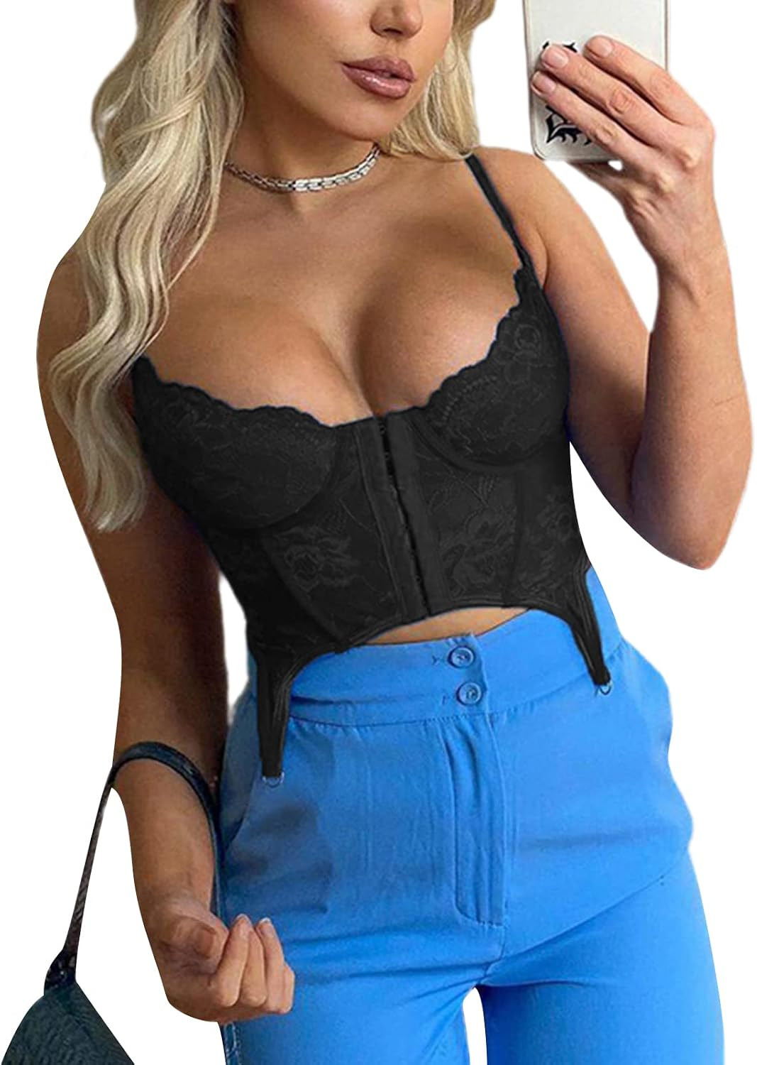 Women Sexy Lace Patchwork Corset Crop Top Deep V Push Up Bra Sheer Mesh Bralette Camisole Tank To... | Amazon (US)