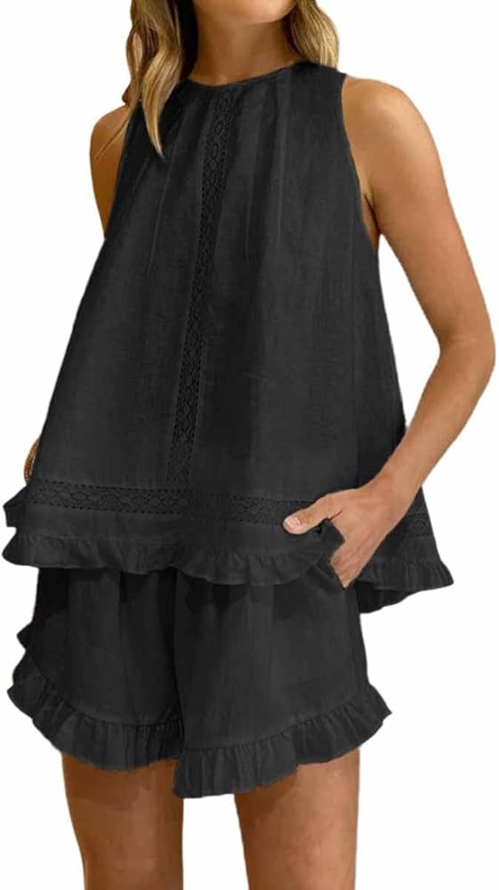 Womens Ruffle Pajamas 2 Piece Short Sets Cotton Linen Sleeveless Top and Shorts Set | Amazon (US)